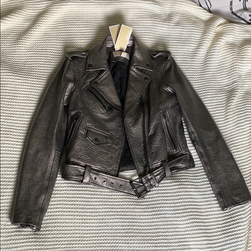 Michael Kors Leather Jacket Silver/Grey Metalic